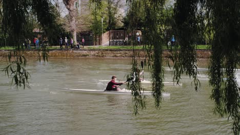 Entrenamiento-De-Kayak-En-El-Río-Bega,-Gran-Grupo-De-Jóvenes-Kayakistas