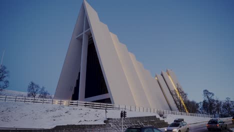 Static-shot-of-modern-Tromso-arctic-cathedral-during-blue-hour
