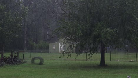 Light-rain-falls-during-a-hurricane-in-front-of-a-barn-in-the-country,-while-trees-blow-in-the-wind