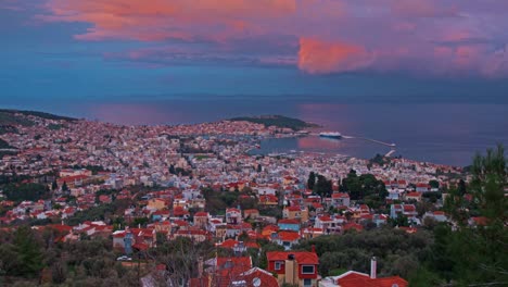 Wide-time-lapse-overlooking-Mytilene-Lesvos-island-sunset-golden-hour-SHORT-TIMELAPSE