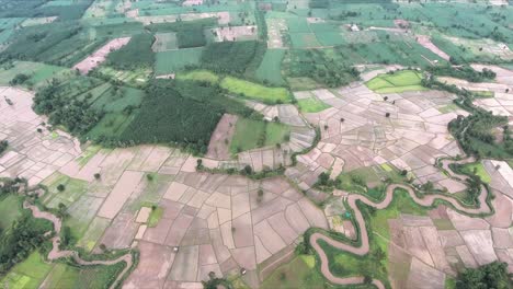 Eine-Luftaufnahme-Von-Reisfeldern-Im-Nordosten-Thailands,-Durch-Die-Ein-Fluss-Fließt