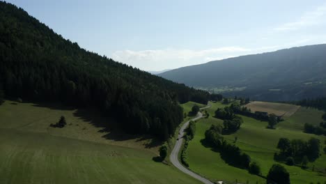 Grüne-Felder-Und-Wälder,-Ein-Paar-Vorbeifahrende-Autos,-Die-Am-Ende-Den-Blick-Auf-Das-Gesamte-Plateau-Freigeben