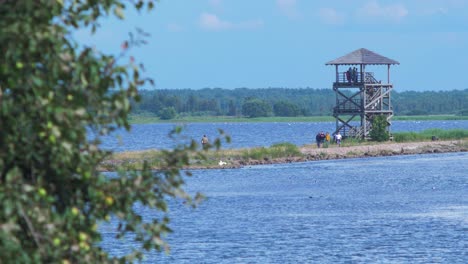 View-of-people-walking-on-footbridge-path-and-birdwatching-tower-at-lake-Liepaja-in-sunny-summer-day-with-scenic-cumulus-clouds,-medium-shot-from-a-distance