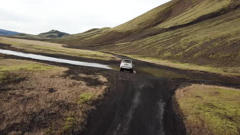 Dramatic-Aerial-Following-Four-Wheel-Drive-Vehicle-in-Iceland-Landscape-Crossing-Stream-Under-Volcanic-Hill