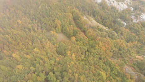 Aerial-footage-of-the-Lovcen-National-Park-and-Black-Lake-with-amazing-fall-colors-everywhere-with-low-clouds
