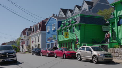 Colorful-shops-in-the-picturesque,-coastal-town-of-Lunenburg,-Nova-Scotia,-Canada