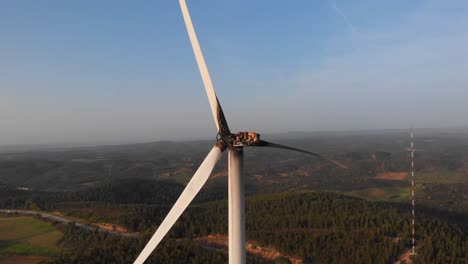 Wind-energy-turbine-damaged-by-fire-caused-by-short-circuit-or-lightning-strike,-aerial