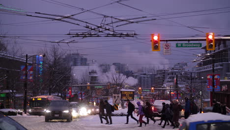 Snowy-Intersection-in-Vancouver-Backed-up-Traffic-and-many-people-walking
