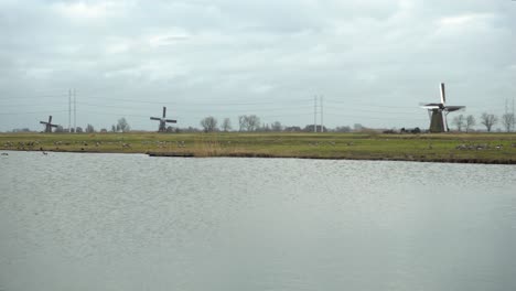Windmills-turning-in-wind-with-wetlands-in-foreground,-wide-angle-still-shot