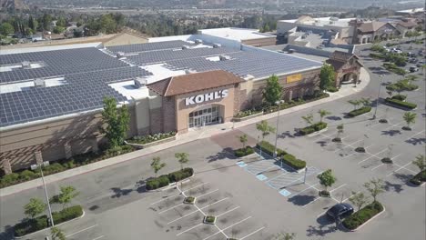 Photovoltaic-Solar-Panel-Array,-Renewable-and-Sustainable-Energy-System-on-Modern-Department-Store,-Aerial-View
