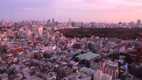 Puesta-De-Sol-Rosa-Sobre-Tokio-Con-Luces-De-La-Ciudad-Y-Rascacielos-Altos,-4k-Panorámica-A-La-Derecha