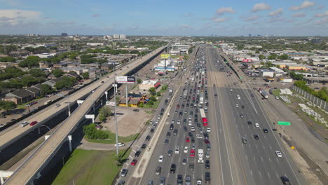 Aerial-view-of-traffic-jam-in-the-highway-because-of-an-accident,-Houston,-Texas,-USA