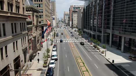 Aerial-above-Broad-Street,-Pennsylvania-Convention-Center,-Drexel-Medicine