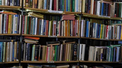 Shelves-full-of-books,-antiquarian-bookstore-interior,-inside-the-bookshop