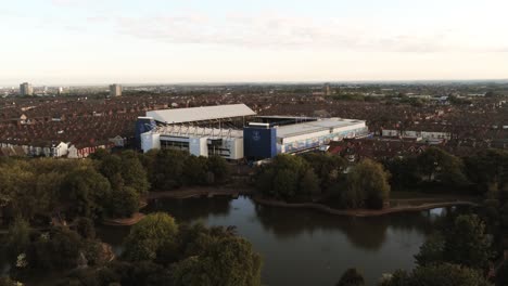 Iconic-Goodison-park-EFC-Liverpool-football-ground-stadium-aerial-view-Everton-slow-zoom-out