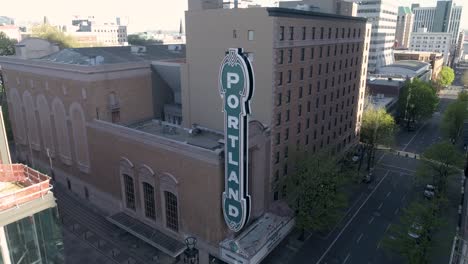 Historic-aerial-footage-of-Arlene-Schnitzer-Concert-Hall-in-Portland,-Oregon-with-empty-streets-due-to-COVID-19