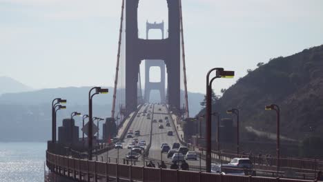 Close-up-Shot-of-Cars-and-People-Crossing-Through-the-Golden-Gate-Bridge-Mid-day