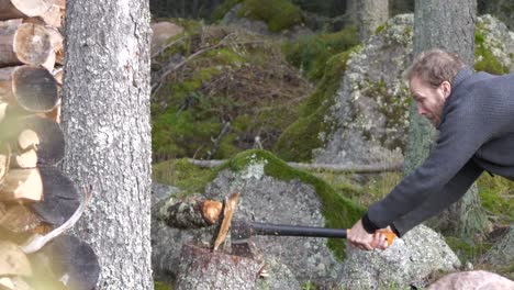 Side-view-of-Man-swinging-axe-to-split-log,-Medium-shot-in-slow-motion