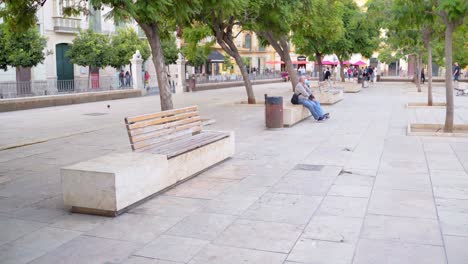 Menschen-Mit-Masken-Sitzen-Während-Der-Coronavirus-Pandemie-Auf-Der-Bank-Am-Plaza-De-La-Merced-In-Der-Stadt-Málaga,-Spanien-–-Totale