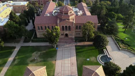UCLA-campus,-Instructional-Media-building,-aerial-flight-over-courtyard