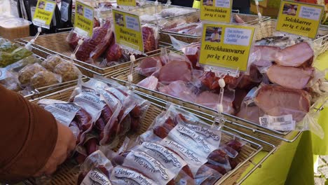 Man-shopping-for-sausages-and-other-process-food-on-display