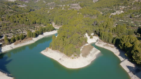 Aerial-view-of-the-banks-of-the-Guadalest-reservoir-in-the-province-of-Alicante,-Spain