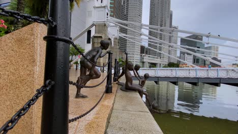 Fünf-Jungen-An-Der-Flussstatue-Mit-Cavenagh-Brücke-Im-Hintergrund-–-Seitlich