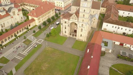 Aerial-Moving-in-Shot-of-Christian-Orthodox-Church-in-Citadel-Alba-Carolina-,Alba-Iulia,-Romania