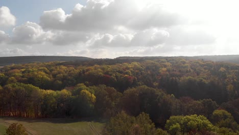 Aerial:-Drone-flying-over-colorful-forest-in-fall-with-lens-flare