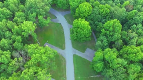 Drone-aerial-view-of-a-campground-at-an-Army-Corps-of-Engineers-campground-during-the-summer-in-Southern-Illinois