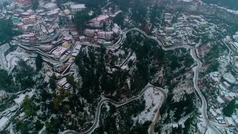 Beautiful-aerial-view-of-the-queen-of-hills-Mussoorie's-first-snowfall-of-2019