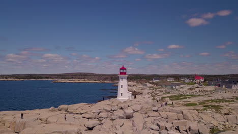 The-iconic-landmark-of-Peggy's-Cove-Lighthouse-in-Nova-Scotia,-Canada-on-a-picturesque-sunny-day
