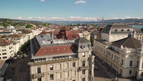 Aerial-drone-shot-of-Neue-Zürcher-Zeitung-Newspaper-headquarters-in-Zürich-Switzerland
