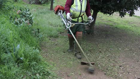 Worker-weed-whacking-on-council-land-in-South-Africa,-slow-motion