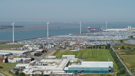 Aerial-view-of-industry,-and-the-port-at-Sheerness,-on-the-Isle-of-Sheppey,-Kent,-UK
