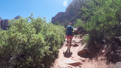 Young-woman-wearing-backpack-is-walking-in-Zion-National-park-in-Utah,-USA