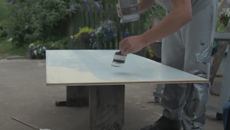 Painting-plywood-sheet-with-exterior-protective-grey-paint