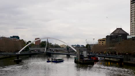 Melbourne-tourists-walking-yarra-riverside-walking-Queens-Bridge-in-daytime