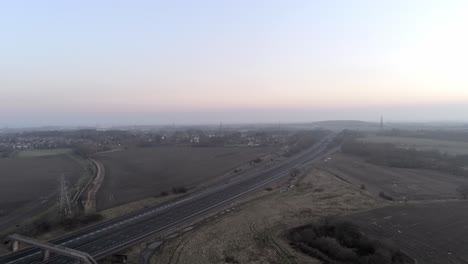 Aerial-view-overlooking-M62-British-motorway-countryside