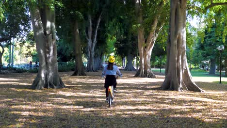 young-asian-women-riding-citybike-between-tree-in-brisbane-cbd-botanic-garden,-brisbane-city-council