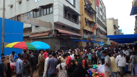 Bangalore,-India---Market-Day-At-Chickpete-With-A-Large-Number-Of-People-Buying-And-Selling-Goods---Steady-Shot