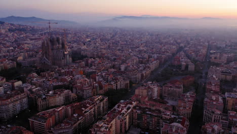 Aerial-shot-of-Sagrada-Familia-church-at-sunrise