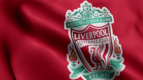 Bucle-Animado-De-Primer-Plano-De-4k-De-Una-Bandera-Ondeante-Del-Equipo-De-Liverpool-De-Fútbol-De-La-Liga-Premier-En-El-Reino-Unido