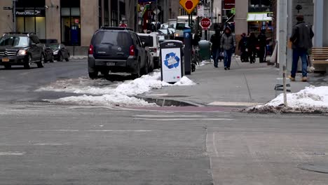 Snow-on-the-streets-of-the-Financial-district,-downtown-New-York-City-during-the-Winter