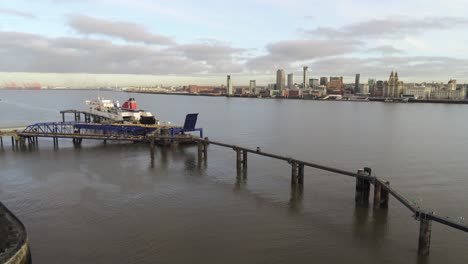 Stena-Line-logistics-ship-terminal-aerial-view-Birkenhead-Liverpool-harbour-city-landscape-dolly-left