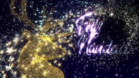 Christmas-motion-graphics-with-a-golden-Reindeer-in-a-shower-of-glittering-particles-and-the-message-�Feliz-Navidad�,-in-Spanish,-in-glowing-text