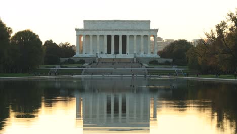 Beautiful-sun-reflection-in-pool-in-front-of-famous-us-Lincoln-Memorial-during-sunset-in-the-evening-filmed-in-Washington-Dc,America