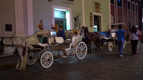 Línea-De-Carruajes-De-Caballos-Esperando-A-Los-Clientes-Por-La-Noche-En-Mérida,-Yucatán,-México