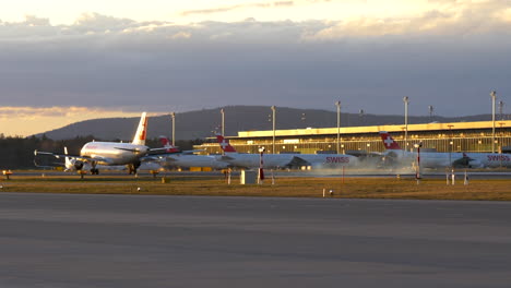 Commercial-Airliner-Landing-at-Sunset,-Swiss-Air-A320,-Zurich-Airport