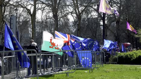 Fila-De-Banderas-Fuera-Del-Parlamento-Ondeando-En-El-Viento-Para-Brexit,-Londres,-Reino-Unido